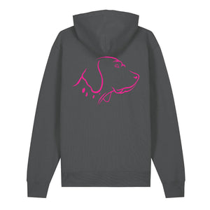 Magenta outline illustration of the head of an English Pointer on the back of an anthracite grey unisex Hoodie