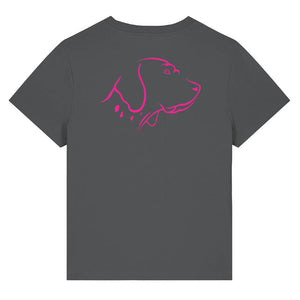 Magenta outline illustration of the head of an English Pointer on the back of an anthracite grey ladies t-shirt
