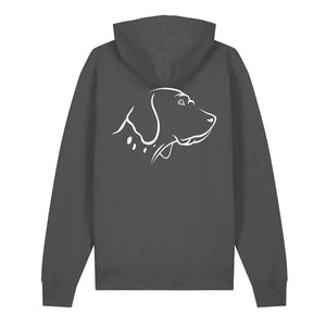 White outline illustration of the head of an English Pointer on the back of an anthracite grey unisex Hoodie