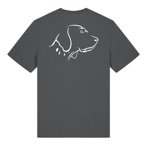 White outline illustration of the head of an English Pointer on the back of an anthracite grey unisex t-shirt
