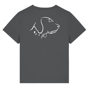 White outline illustration of the head of an English Pointer on the back of an anthracite grey ladies t-shirt