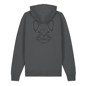 Black outline illustration of the head of a French Bulldog on the back of an anthracite grey unisex Hoodie