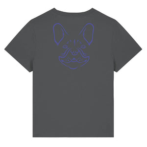 Blue outline illustration of the head of a French Bulldog on the back of an anthracite grey ladies t-shirt