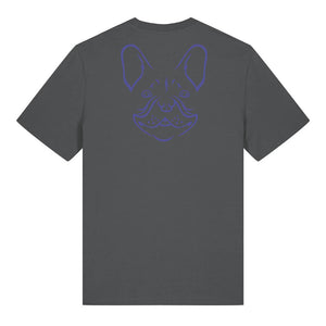 Blue outline illustration of the head of a French Bulldog on the back of an anthracite grey unisex t-shirt