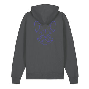 Blue outline illustration of the head of a French Bulldog on the back of an anthracite grey unisex Hoodie