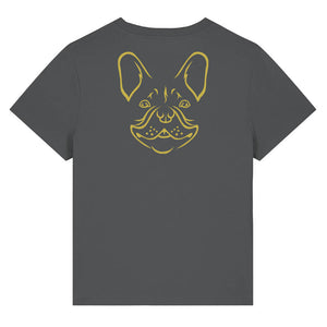 Gold outline illustration of the head of a French Bulldog on the back of an anthracite grey ladies t-shirt