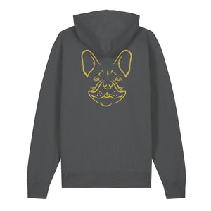 Gold outline illustration of the head of a French Bulldog on the front of an anthracite grey unisex Hoodie