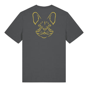 Gold outline illustration of the head of a French Bulldog on the back of an anthracite grey unisex t-shirt
