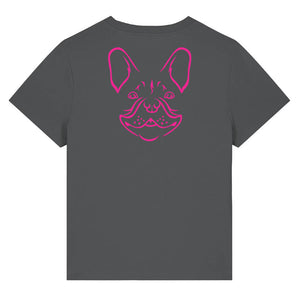 Magenta outline illustration of the head of a French Bulldog on the back of an anthracite grey ladies t-shirt