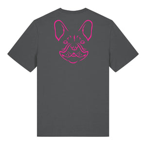 Magenta outline illustration of the head of a French Bulldog on the back of an anthracite grey unisex t-shirt