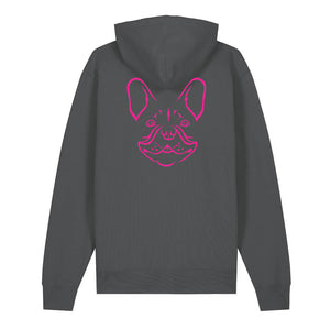 Magenta outline illustration of the head of a French Bulldog on the back of an anthracite grey unisex Hoodie