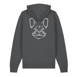 White outline illustration of the head of a French Bulldog on the back of an anthracite grey unisex Hoodie