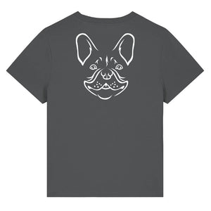 White outline illustration of the head of a French Bulldog on the back of an anthracite grey ladies t-shirt