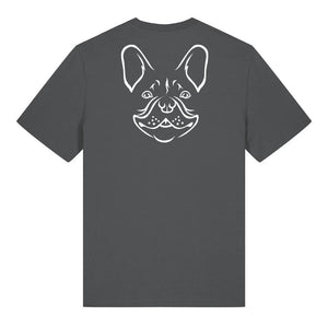 White outline illustration of the head of a French Bulldog on the back of an anthracite grey unisex t-shirt
