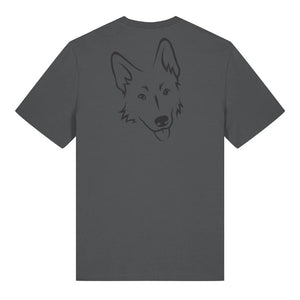 Black outline illustration of the head of a German Shepherd on the back of an anthracite grey unisex t-shirt