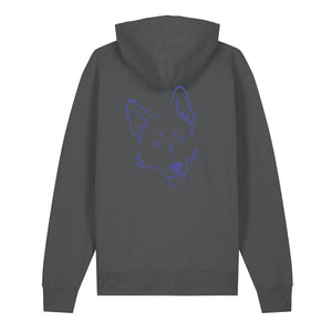 Blue outline illustration of the head of a German Shepherd on the back of an anthracite grey unisex Hoodie