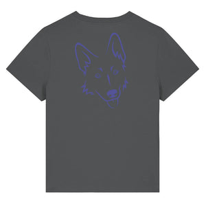 Blue outline illustration of the head of a German Shepherd on the back of an anthracite grey ladies t-shirt