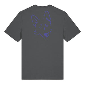 Blue outline illustration of the head of a German Shepherd on the back of an anthracite grey unisex t-shirt