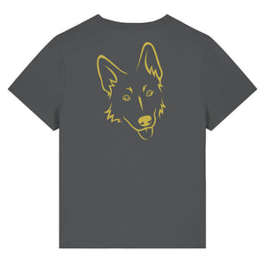 Gold outline illustration of the head of a German Shepherd on the back of an anthracite grey ladies t-shirt