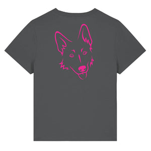 Magenta outline illustration of the head of a German Shepherd on the back of an anthracite grey ladies t-shirt