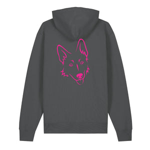 Magenta outline illustration of the head of a German Shepherd on the back of an anthracite grey unisex Hoodie