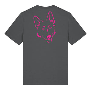 Magenta outline illustration of the head of a German Shepherd on the back of an anthracite grey unisex t-shirt