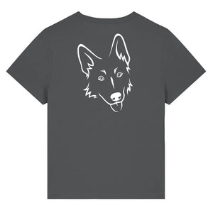 White outline illustration of the head of a German Shepherd on the back of an anthracite grey ladies t-shirt