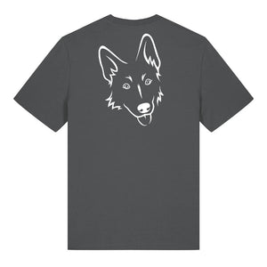 White outline illustration of the head of a German Shepherd on the back of an anthracite grey unisex t-shirt