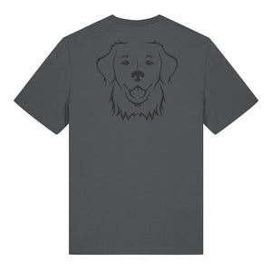 Black outline illustration of the head of a Golden Retriever on the back of an anthracite grey unisex t-shirt