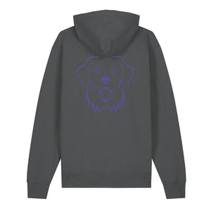 Blue outline illustration of the head of a Golden Retriever on the back of an anthracite grey unisex Hoodie