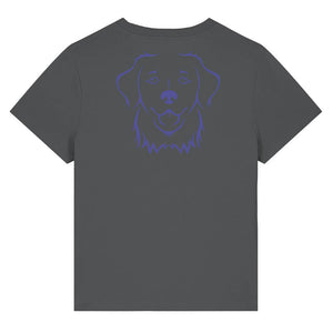 Blue outline illustration of the head of a Golden Retriever on the back of an anthracite grey ladies t-shirt