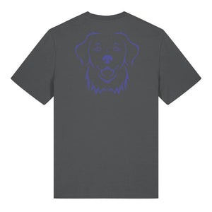 Blue outline illustration of the head of a Golden Retriever on the back of an anthracite grey unisex t-shirt