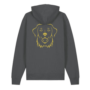 Gold outline illustration of the head of a Golden Retriever on the back of an anthracite grey unisex Hoodie