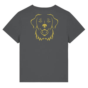 Gold outline illustration of the head of a Golden Retriever on the back of an anthracite grey ladies t-shirt
