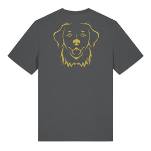 Gold outline illustration of the head of a Golden Retriever on the back of an anthracite grey unisex t-shirt