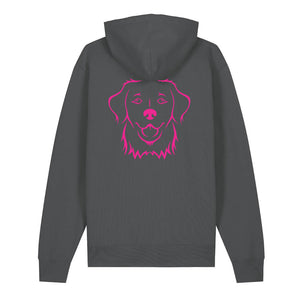 Magenta outline illustration of the head of a Golden Retriever on the back of an anthracite grey unisex Hoodie