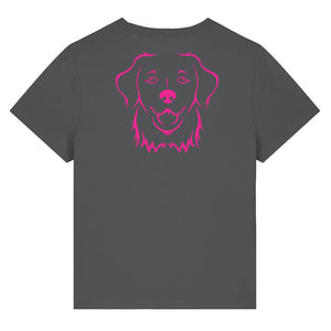 Magenta outline illustration of the head of a Golden Retriever on the back of an anthracite grey ladies t-shirt
