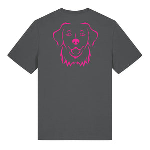 Magenta outline illustration of the head of a Golden Retriever on the back of an anthracite grey unisex t-shirt