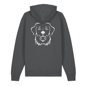 White outline illustration of the head of a Golden Retriever on the back of an anthracite grey unisex Hoodie
