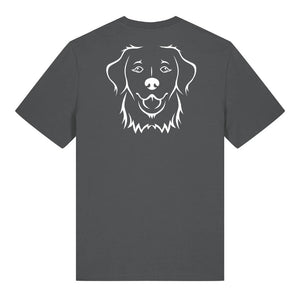 White outline illustration of the head of a Golden Retriever on the back of an anthracite grey unisex t-shirt