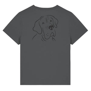 Black outline illustration of the head of a Great Dane on the back of an anthracite grey ladies t-shirt