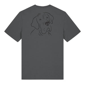 Black outline illustration of the head of a Great Dane on the back of an anthracite grey unisex t-shirt