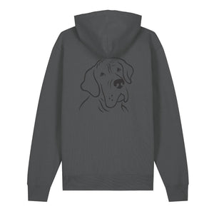 Black outline illustration of the head of a Great Dane on the back of an anthracite grey unisex Hoodie