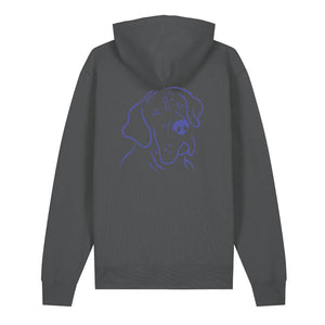 Blue outline illustration of the head of a Great Dane on the back of an anthracite grey unisex Hoodie