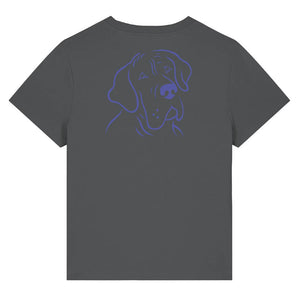 Blue outline illustration of the head of a Great Dane on the back of an anthracite grey ladies t-shirt