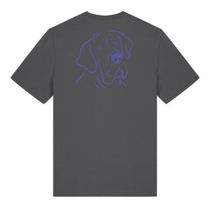 Blue outline illustration of the head of a Great Dane on the back of an anthracite grey unisex t-shirt