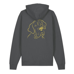 Gold outline illustration of the head of a Great Dane on the back of an anthracite grey unisex Hoodie