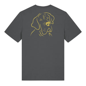 Gold outline illustration of the head of a Great Dane on the back of an anthracite grey unisex t-shirt
