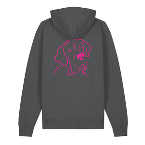 Magenta outline illustration of the head of a Great Dane on the back of an anthracite grey unisex Hoodie