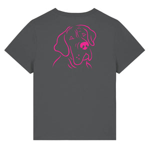Magenta outline illustration of the head of a Great Dane on the back of an anthracite grey ladies t-shirt